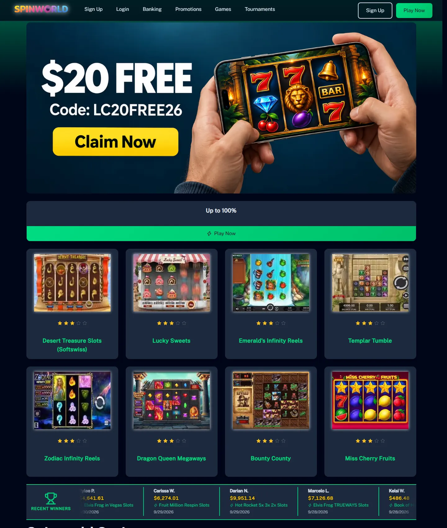 Screenshot of the Spinworld Casino website